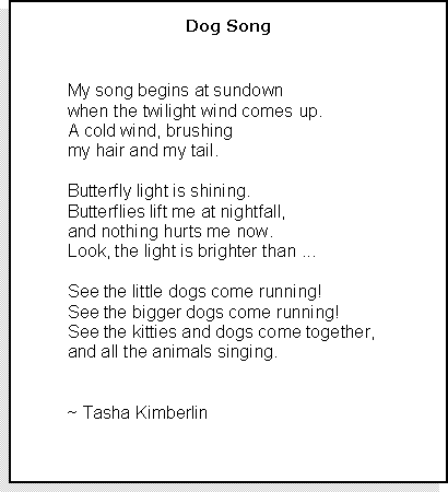 Text Box: Dog Song
My song begins at sundown
when the twilight wind comes up.
A cold wind, brushing 
my hair and my tail.

Butterfly light is shining.
Butterflies lift me at nightfall, 
and nothing hurts me now.
Look, the light is brighter than ...

See the little dogs come running!
See the bigger dogs come running!
See the kitties and dogs come together, 
and all the animals singing. 


~ Tasha Kimberlin